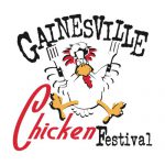 Gaineville Chicken Festival logo - has crazy chicken with spatulas in each hand