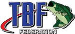 TBF Federation logo - blue TBF letters and green bass fish with red swoosh mark