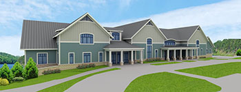 Rendering of front of new boat house showing 3 pitched roofs, 2 covered entrances and semi-circular driveway in front