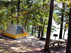 Yellow tent, grill, and picnic table on wooded lot by Lake Lanier