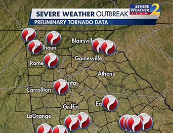 Graphic of North Georgia with points where tornados struck