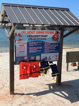 Small covered sign area with signage and life jackets.