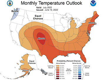 Weather map showing above normal temperatures for July 
