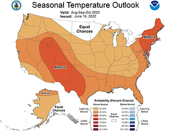 Map of USA showing the seasonal temperature outlook for North GA as leaning above normal temps for Aug thru Oct.