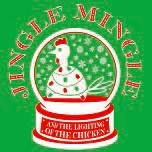 Jingle Mingle logo - green background with red lettering - a chicken inside a snow globe.