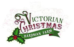Hardman Farm - Victorian Christmas logo -red and green text with a holly banner.