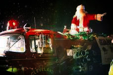Santa on a fire truck in Cleveland Christmas parade.