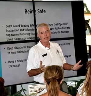 Dave Fuller standing in front of students teaching a boating safety class.
