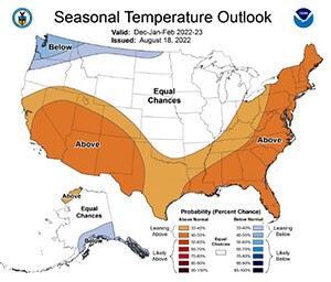 Seasonal temperature map of USA showing above normal temperature predicted for Dec 2022 - Feb 2023