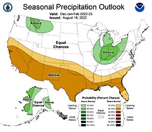 Seasonal weather map of USA showing equal chances for above or below normal precipitation for Dec 2022 - Feb 2023.