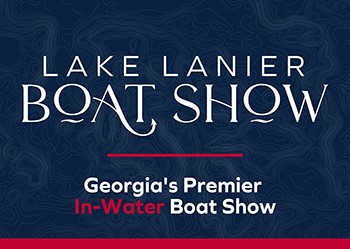 Lake Lanier Boat Show ad, dark blue background, white and red lettering.