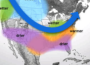 USA Map showing the La Nina Jet Stream predicting a warmer, drier winter.
