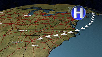 Color weather map of Eastern USA showing a high pressure system.