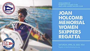 Ad for Joan Holcomb Memeorial Woman Skippers Regatta with logo of Barefoot Sailing Club and woman at the helm of sailboat.