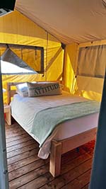 Inside of a Glamping tent with bed, wood floors, and lighting.