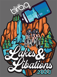 Lakes & Libations logo with text, mountains, waterfall, and trees in background