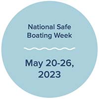 Light blue circle with black text and wavy white line - National boating safety week logo