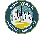 Round logo with green background and white words "Art Walk Historic Gainesville. Building silhouettes in center with paintbrush painting a curvy sidewalk. 