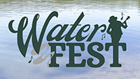 WaterFEST logo - rectangular shape with lake in background and dark green letters "WaterFEST" with a guitar player silhouette over the "T"