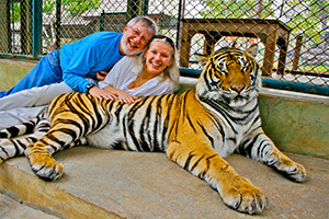 Bill and Chris leaning against a tiger laying on the ground.