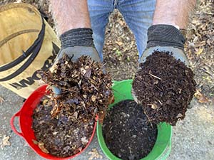 Overhead view into bags of mulch (left) and compost (right) showing the different textures and color.