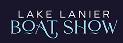 Lake Lanier Boat Show logo - dark blue rectangle with white and light blue wording.