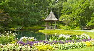 Gazebo and pond with plantings.