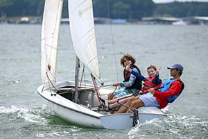 One instructor and two students on the same side of the sailboat lean outward to balance the boat. 