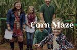 Jaemor Corn Maze logo - photo of family running in the maze with text Corn Maze.
