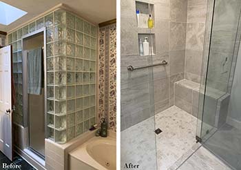 A before and after shower remodel, from glass blocks to single sheet of clear glass and updated fixtures.