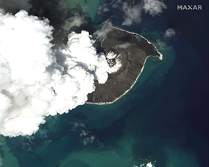 Aerial view of volcano eruption.