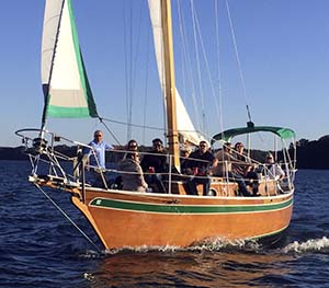 Full view of sailboat "Grendel" with clients on board.