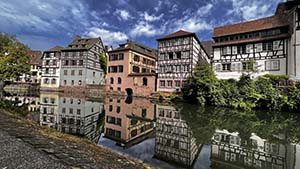 View of half-timbered homes along a canal.