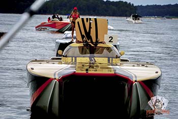 Head-on view of a speed boat during the Pirates of Lanier Charity Poker Run.