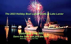 A boat parade on Lake Lanier with boats lit up for the holidays.