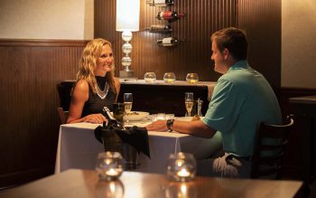 A couple sitting at a table in Sidney's restaurant with low lights and candles.