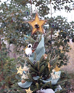 An outdoor Christmas tree decorated with ornaments and ribbon. 
