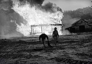 Copy of black and white photo of a barn burning in the Berryessa Valley.