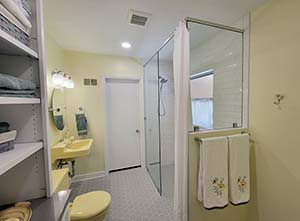A photo of a newly remodeled bathroom showing a curbless shower. 