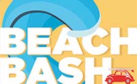 Beach Bash logo with yellow background and a large blue wave coming over the words Beach Bash.