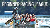 LCKC Beginner League ad with many teens in one canoe paddling on the lake. 