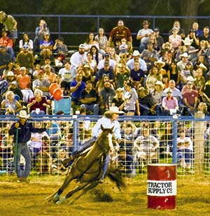 A photo of a woman on horseback rounding a barrel in a barrel race.