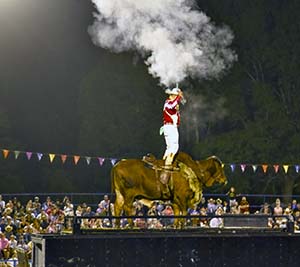 A cowboy standing on a bull, firing a gun with the crowd in the background.